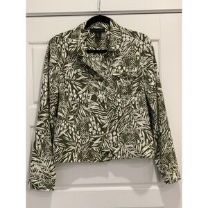 Tahari Jacket S Linen Blend Palm Leaf Print Green White Button Front Women's 065